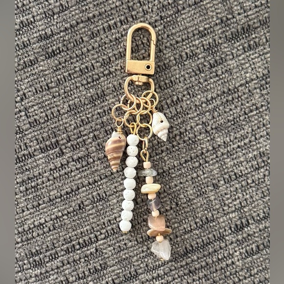 Handmade Accessories - Gold and White Beaded Seashell Bag Charm Keychain with Real Shells